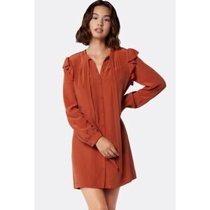 Joie ELOISE 100% Silk Button-Up Ruffle Bow Shirt Mini Dress in Orange M NWT $378